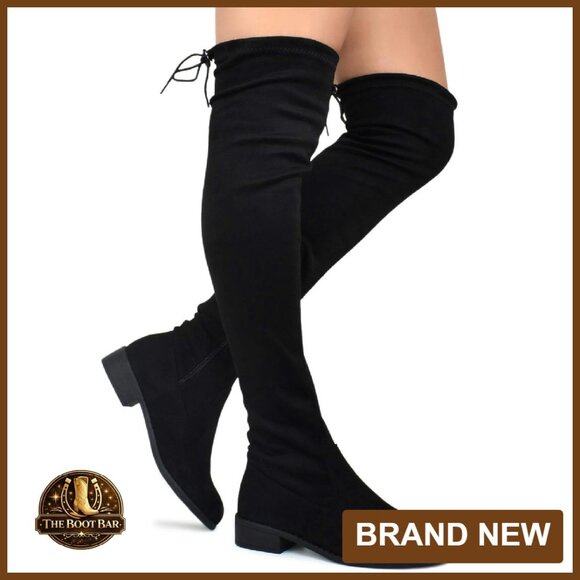 Vegan Suede Thigh High Boots Block Heel Side Zipper Back Lace - Picture 1 of 5